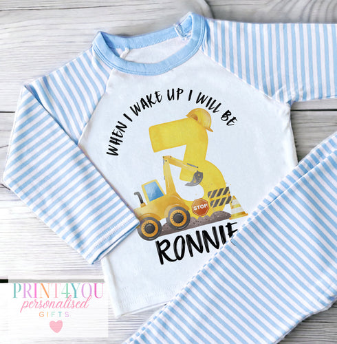 Personalised Blue striped Boys Pyjamas - Construction Digger When I Wake Up Numbers 1-5
