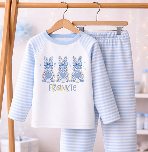Round sticker labels showing the bunny pyjamas design
