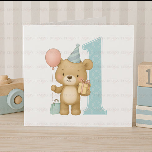 Birthday Bear PNG Number Set – 0–9 with Party Balloon & Gift