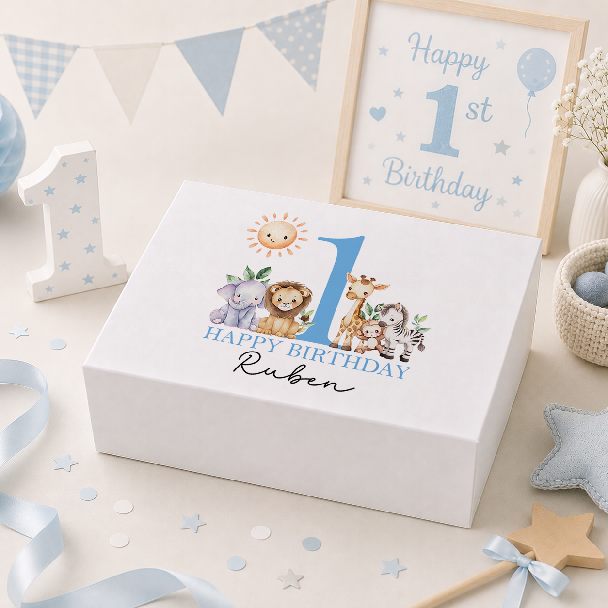 Personalised blue safari animals 1st birthday keepsake box with magnetic lid, name printed on lid