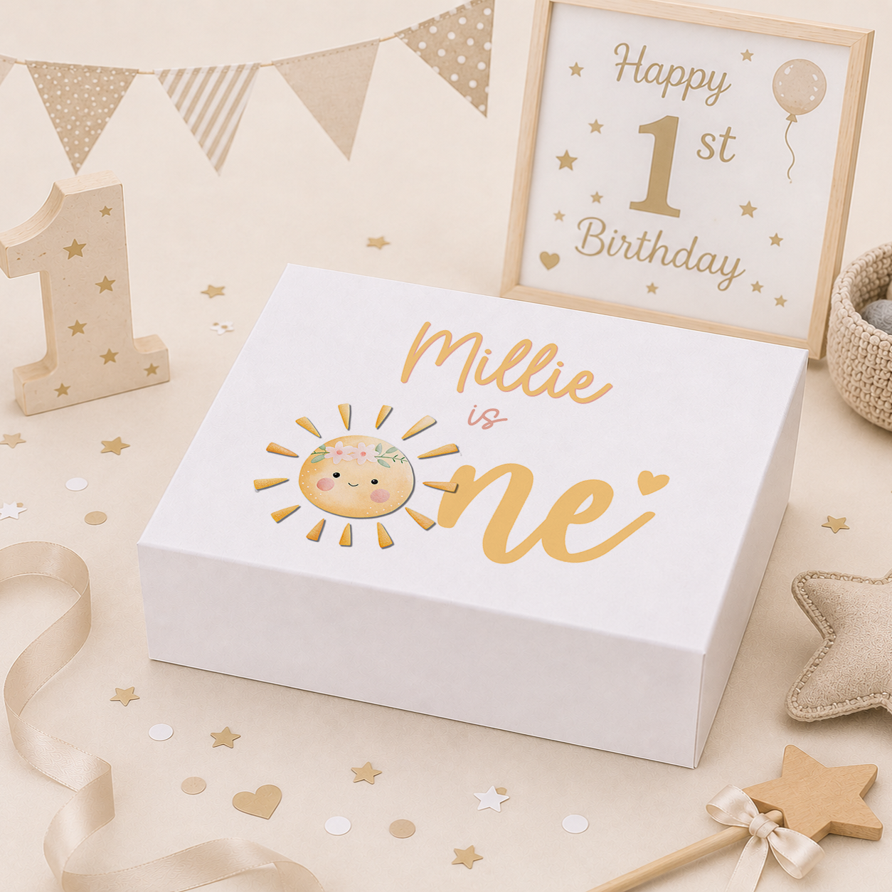 Personalised sunshine 1st birthday keepsake box with magnetic lid, name printed on lid