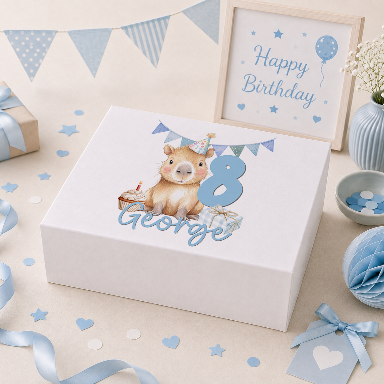 Personalised blue capybara birthday keepsake box with magnetic lid, name and age printed on lid