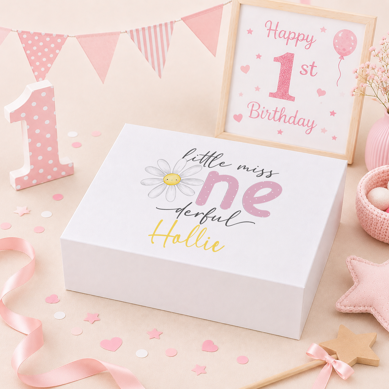 Personalised Little Miss One-derful 1st birthday keepsake box with magnetic lid, name printed on lid