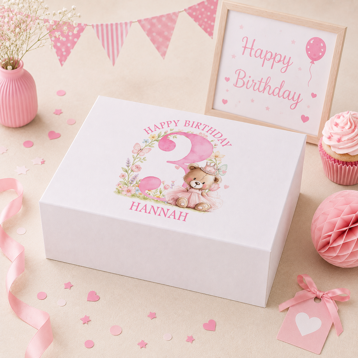 Personalised pink floral ballerina teddy birthday keepsake box with magnetic lid, name and age printed on lid