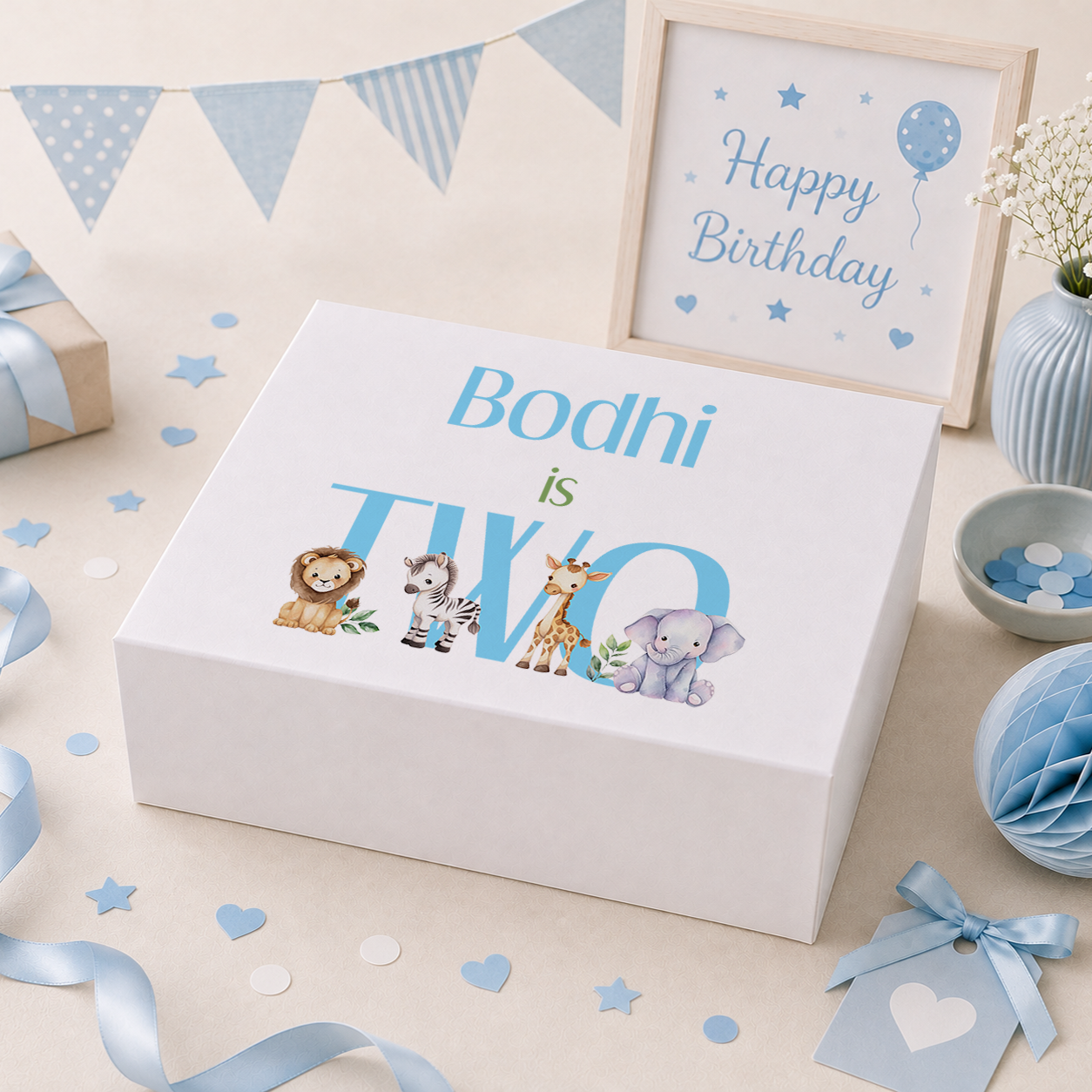 Personalised blue safari animals 2nd birthday keepsake box with magnetic lid, name printed on lid