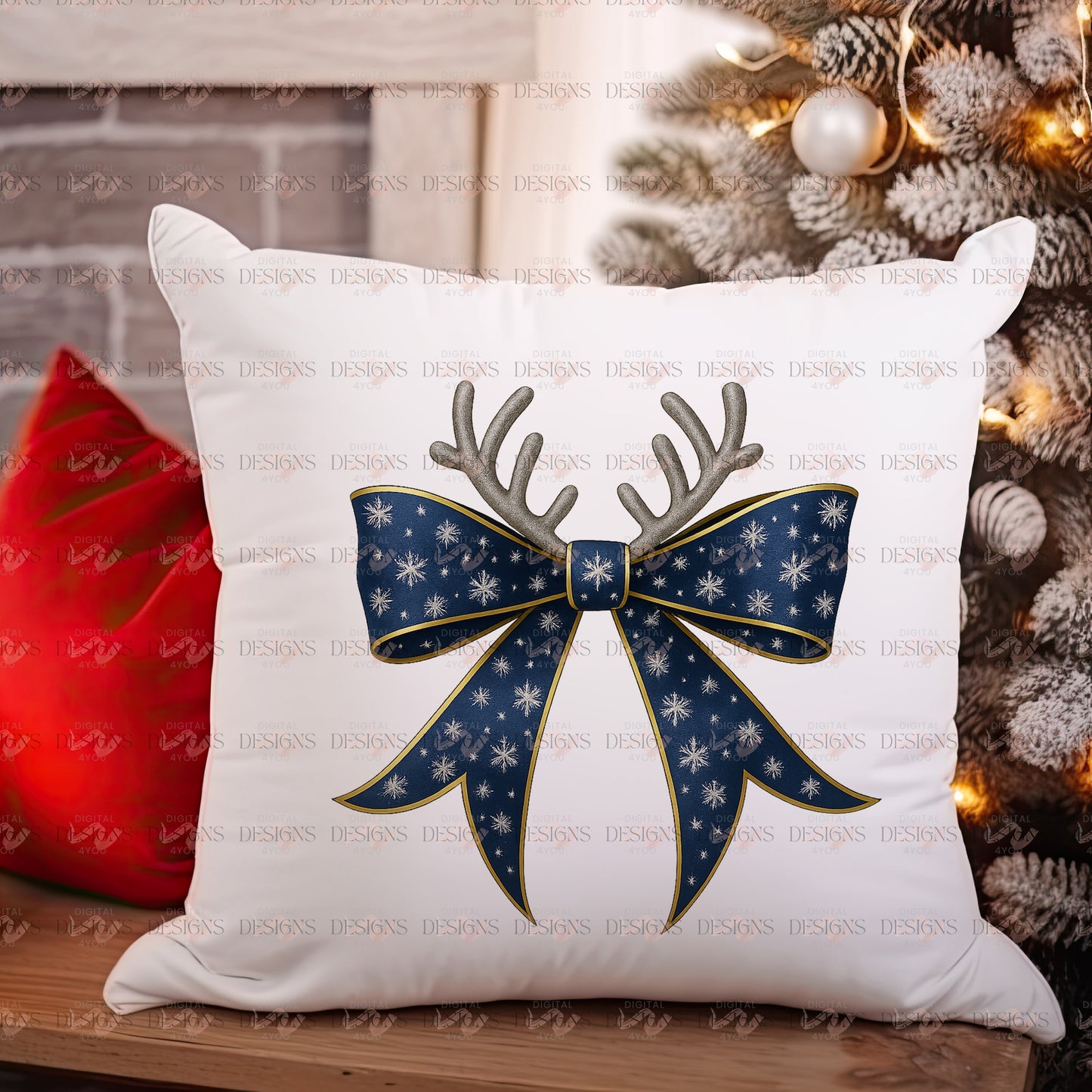 Reindeer Bow PNG Digital Design – Navy Blue Christmas Clipart with Transparent Background