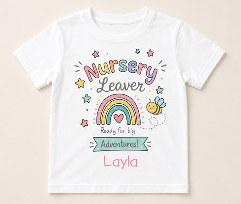 Personalised nursery leaver children's t-shirt featuring a colourful rainbow, smiling bee and ready for big adventures design.