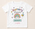 Personalised nursery leaver children's t-shirt featuring a colourful rainbow, smiling bee and ready for big adventures design.