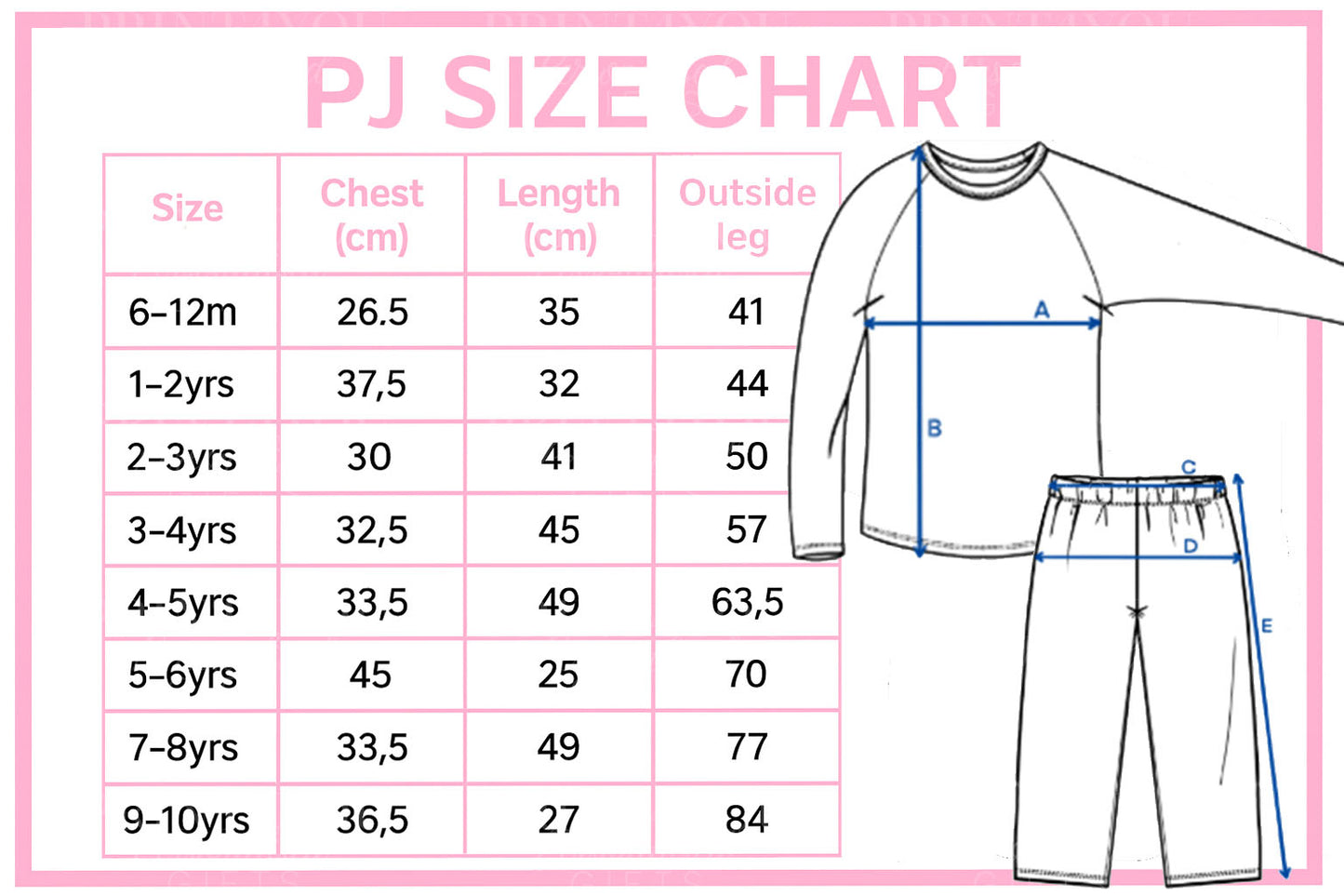 Size guide chart for personalised children's Christmas pyjamas, sizes 6-12 months to 5-6 years