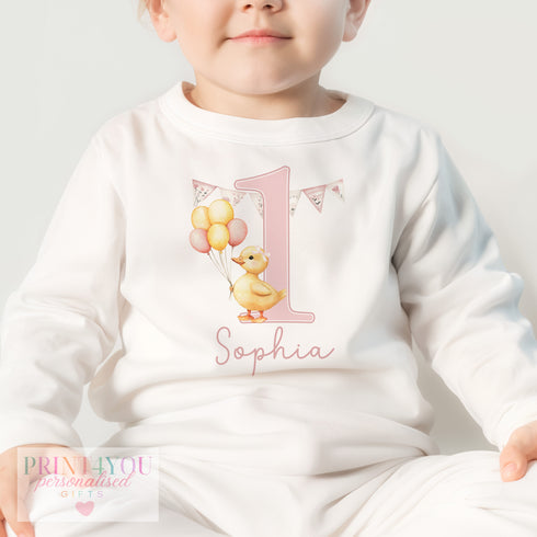 Personalised First Birthday Baby Pyjamas – 100% Cotton - Fully Duck Pink Design