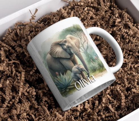 Personalised Elephant and baby White mug (full size) - Mixed Safari Animals, Birthday Gift Mug, Gift for Him, Gift for Her