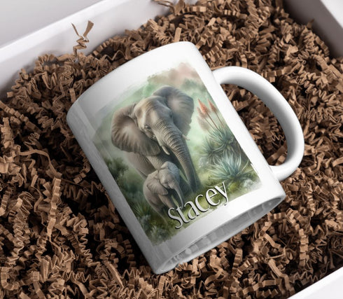 Personalised Elephant and baby White mug (full size) - Mixed Safari Animals, Birthday Gift Mug, Gift for Him, Gift for Her