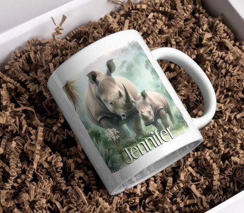 Personalised Elephant and baby White mug (full size) - Mixed Safari Animals, Birthday Gift Mug, Gift for Him, Gift for Her