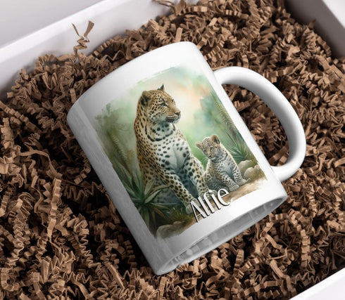 Personalised Elephant and baby White mug (full size) - Mixed Safari Animals, Birthday Gift Mug, Gift for Him, Gift for Her