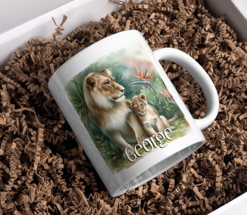 Personalised Elephant and baby White mug (full size) - Mixed Safari Animals, Birthday Gift Mug, Gift for Him, Gift for Her
