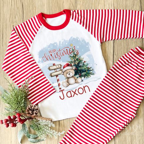 Personalised Red & White Striped Children's Christmas Pyjamas - Merry Christmas Reindeer Bear