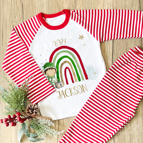 Personalised Red & White Striped Children's Christmas Pyjamas - Rainbow Elf