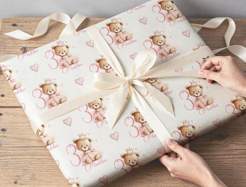 Personalised pink ballerina teddy wrapping paper with custom name and age, princess teddy birthday gift wrap for girls.