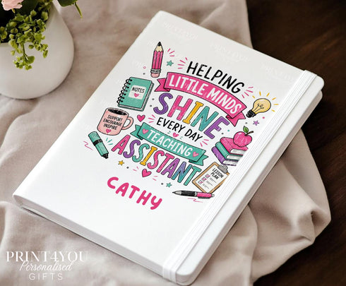 Personalised teaching assistant notebook with colourful school icons, pencil, books and “helping little minds shine every day” quote, custom name A5 PU leather journal