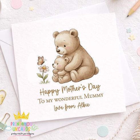 Personalised Mothers Day Card for Mummy – Bear Mum and Baby