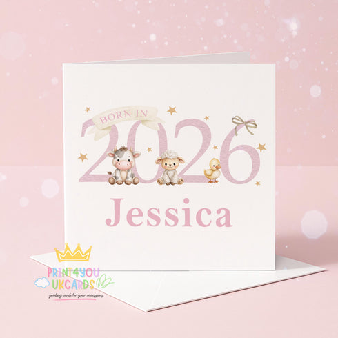 The image is a birthday card for a girl named Jessica, featuring a pink background with the text "BORN IN 2026" and illustrations of a cow, sheep, and a chicken.