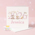 The image is a birthday card for a girl named Jessica, featuring a pink background with the text "BORN IN 2026" and illustrations of a cow, sheep, and a chicken.