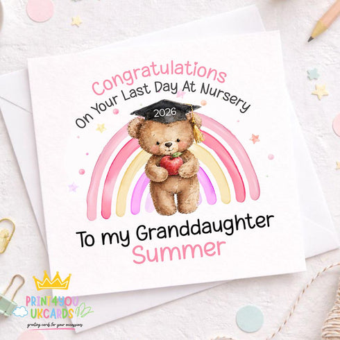 Personalised nursery leavers card with teddy bear graduation hat and rainbow, last day at nursery card for granddaughter with name