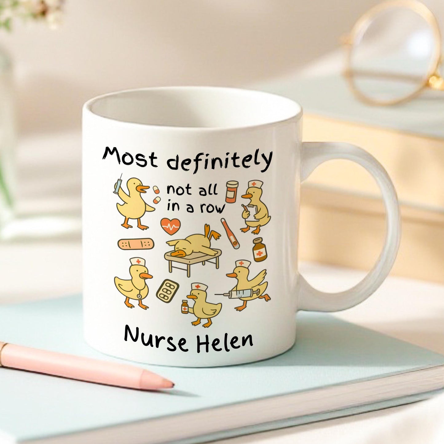 Personalised ceramic nurse mug with a humorous healthcare-themed design