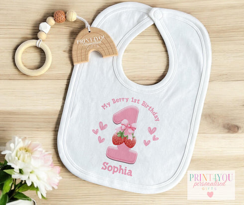 Personalised My Berry First Birthday | Berry 1st Birthday Baby T-Shirt | Pink Strawberry Birthday Outfit for Girls | Sleepsuit Vest and Bib