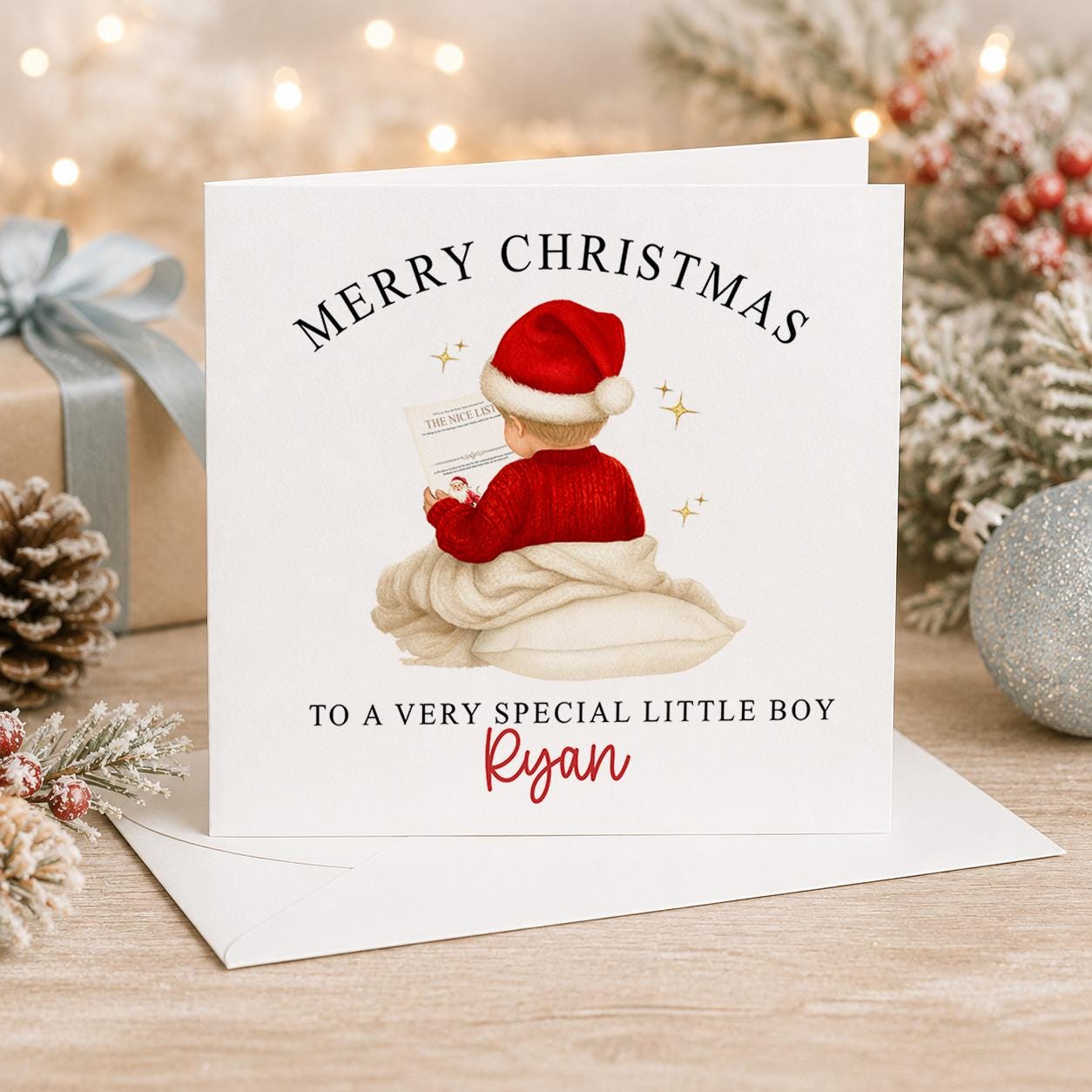 Personalised Christmas card, white 6x6 inch square card printed with a sleeping baby in a red Santa hat, Merry Christmas and a name