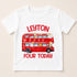 A white t-shirt with a red double-decker bus graphic and the text "LEYTON FOUR TODAY" printed on it.