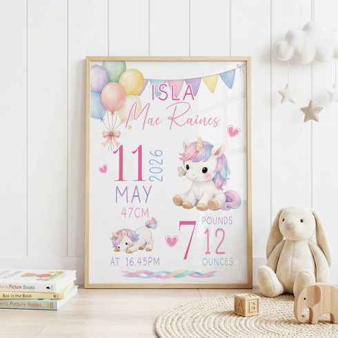 Personalised Unicorn Poster – Custom Baby Birth Stats Print | Nursery Wall Art A3 A2 A1