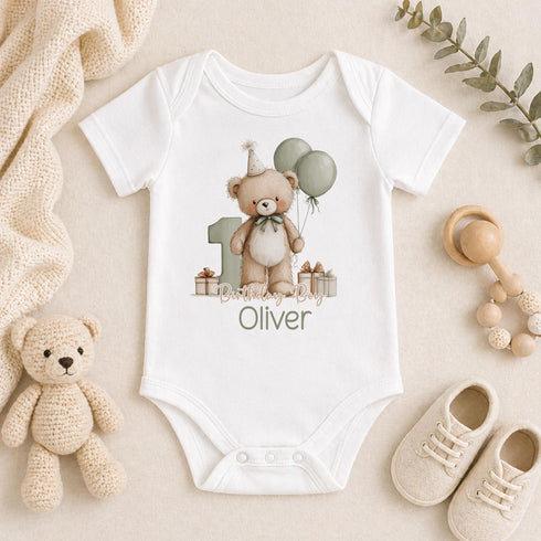 1st Birthday Boy Outfit – Personalised Teddy Bear Baby Vest – Soft Cotton Sleepsuit