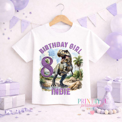 T-Rex Birthday T-Shirt – Personalised Girls Dino Tee with Name & Age – Roarsome Party Top