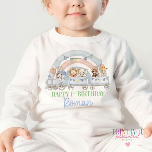 Personalised Safari Train First Birthday T-shirt, Sleepsuit, Vest or Bib, Blue Text