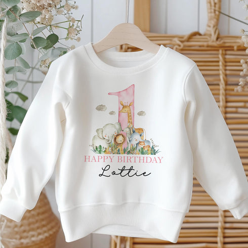 Personalised First Birthday Jumper, Birthday Sweatshirt for Children, I am One, Jungle Safari Jumper, Blue or Pink