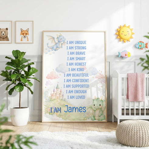 The image is a nursery decorated with a framed poster featuring a list of personal qualities, a dragon, and a castle. The poster is placed on a wall, and there are other decorative elements such as a potted plant, a stuffed animal, and a sun decoration in the background.