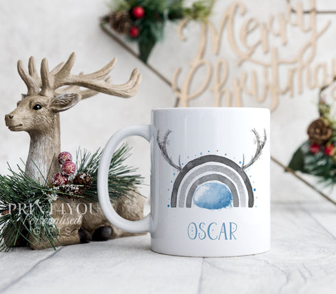 Blue Rainbow with antlers large Nose Reindeer Initial personalised White mug Christmas stocking filler gift