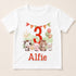 A white t-shirt with a cartoon image of farm animals and a number 3, along with a banner that says "Alfie".
