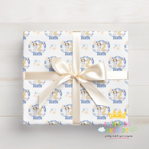 Personalised Birthday Wrap - Moon And Stars Paper With Custom Age & Space Adventure