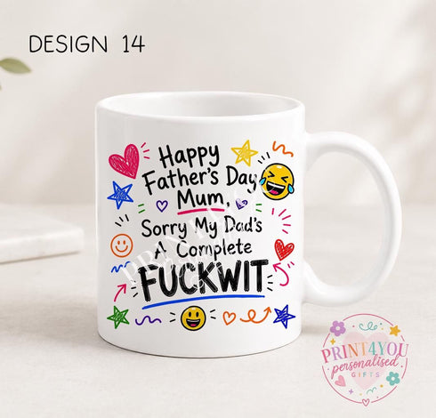 A white ceramic mug with a colorful and playful design featuring text and various illustrations, including a father and mother, a mother, and a father.