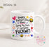 A white ceramic mug with a colorful and playful design featuring text and various illustrations, including a father and mother, a mother, and a father.