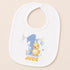 A white baby bib with a cartoon image of a yellow duck and the name "JUDE" printed on it.