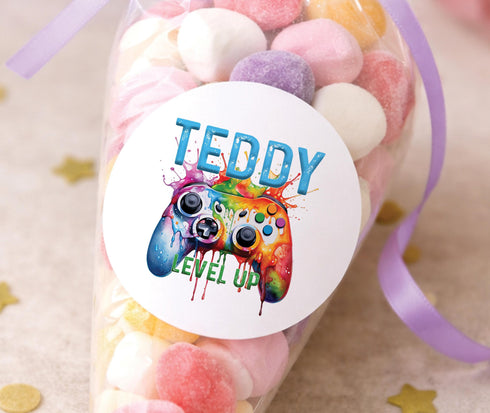 Gaming Birthday Stickers – Custom Name Level Up Party Bag Labels 5cm Glossy - Strips (5cm each)