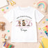 White children’s T-shirt featuring a personalised pink 2026 teddy bear nursery graduation design on a colourful classroom-style background.