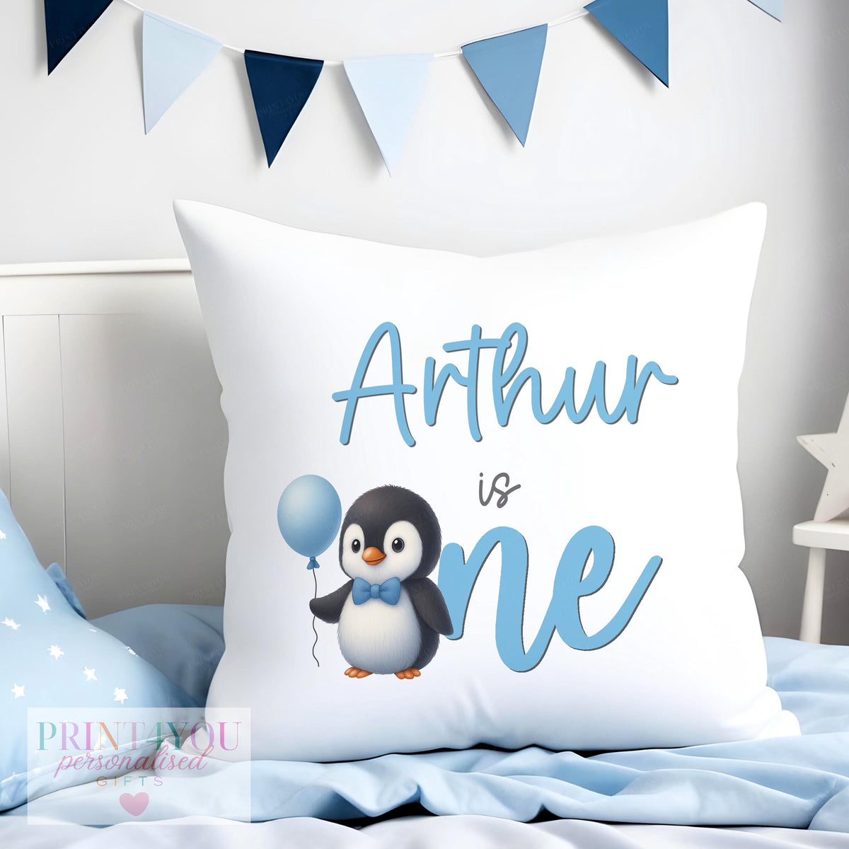 Personalised Penguin Cushion – Soft Polyester Nursery Decor Cushion with Blue Balloon - Cushion cover only