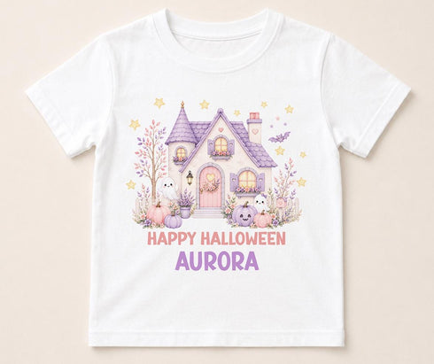 Personalised Halloween t-shirt featuring pastel haunted house, cute ghosts, pumpkins, bat and custom name on white children's Halloween shirt
