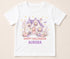 Personalised Halloween t-shirt featuring pastel haunted house, cute ghosts, pumpkins, bat and custom name on white children's Halloween shirt