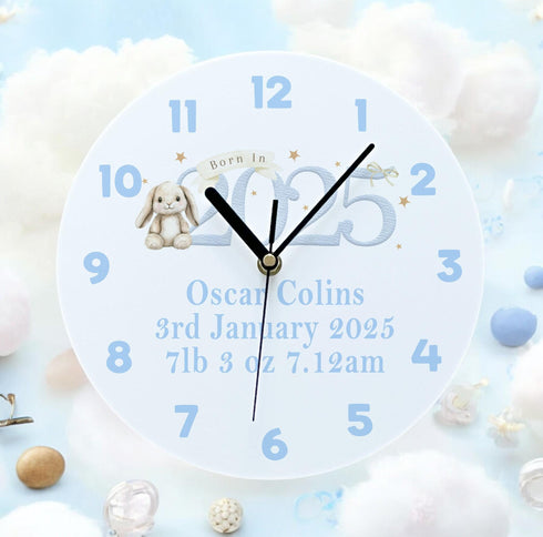 Personalised Acrylic Clock for New Baby Blue Bunny Rabbit Nursery Decor Perfect Gift for Boys Born in 2025 24.5cm Wide