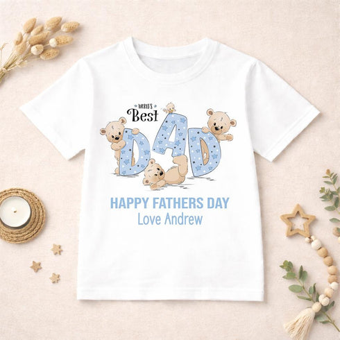 Personalised World’s Best Dad children’s white t-shirt with blue teddy bear Father’s Day design and custom name text on a neutral styled background